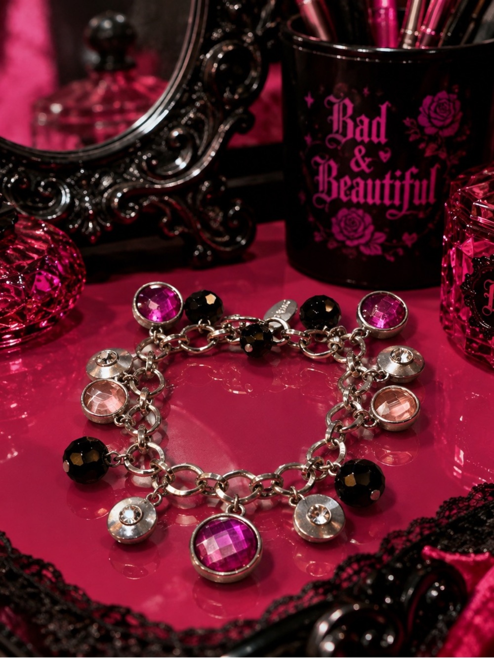White House Black Market Hot Pink and Black Bead Charm Bracelet Silver Tone WHBM